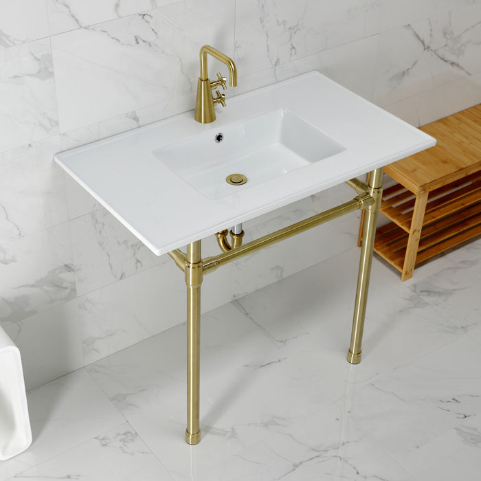 Kingston Tulare KVPB3722717 - Dreyfuss 37-Inch Ceramic Console Sink with Stainless Steel Legs (1-Hole), White/Brushed Brass