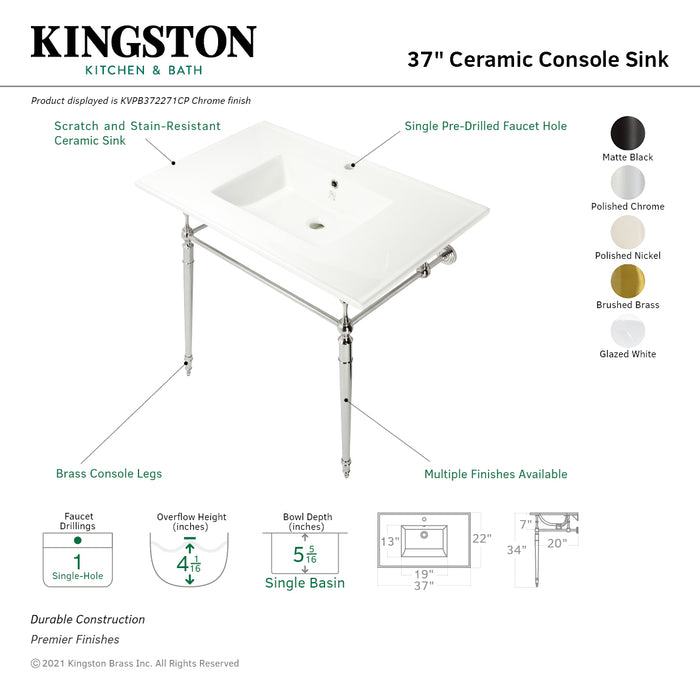 Kingston Heirloom KVPB372271CP - Edwardian 37-Inch Ceramic Console Sink with Brass Legs (1-Hole), White/Polished Chrome