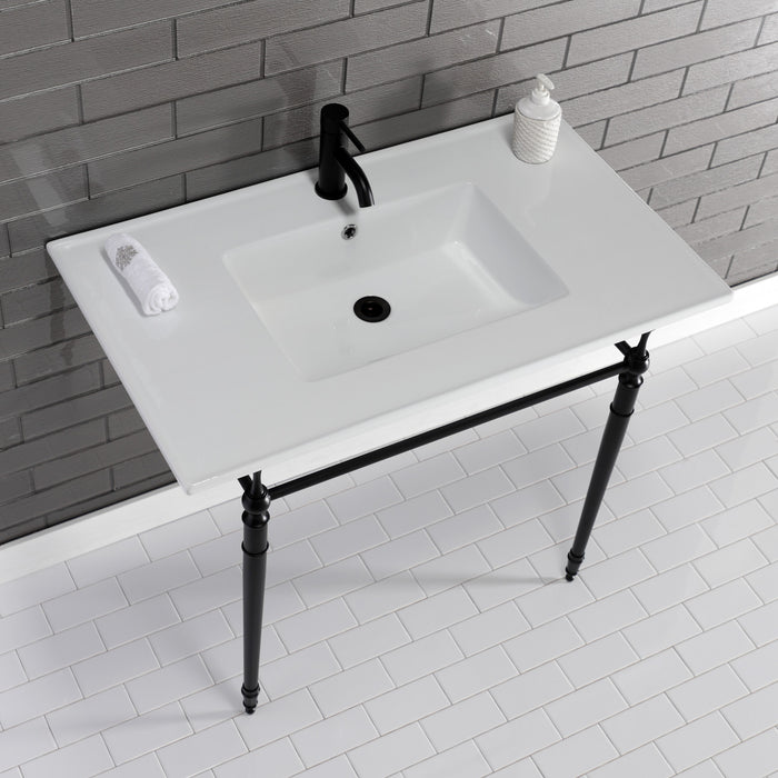 Kingston Heirloom KVPB372271MB - Edwardian 37-Inch Ceramic Console Sink with Brass Legs (1-Hole), White/Matte Black