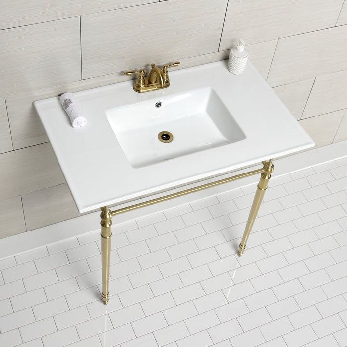 Kingston Heirloom KVPB37227W4BB - Edwardian 37-Inch Ceramic Console Sink with Brass Legs (4-Inch, 3-Hole), White/Brushed Brass
