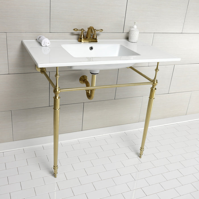 Kingston Heirloom KVPB37227W4BB - Edwardian 37-Inch Ceramic Console Sink with Brass Legs (4-Inch, 3-Hole), White/Brushed Brass