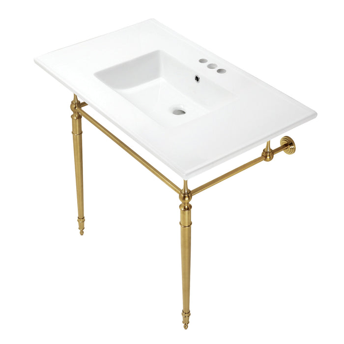 Kingston Heirloom KVPB37227W4BB - Edwardian 37-Inch Ceramic Console Sink with Brass Legs (4-Inch, 3-Hole), White/Brushed Brass