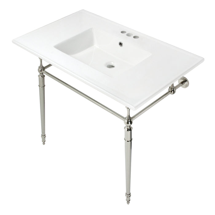 Edwardian KVPB37227W4PN 37-Inch Ceramic Console Sink with Brass Legs (4-Inch, 3-Hole), White/Polished Nickel