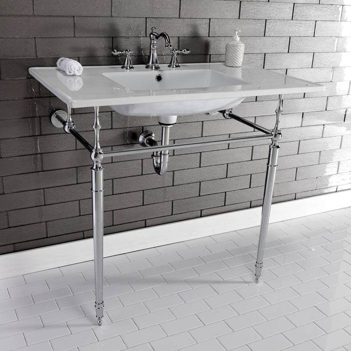 Edwardian KVPB37227W8CP 37-Inch Ceramic Console Sink with Brass Legs (8-Inch, 3-Hole), White/Polished Chrome