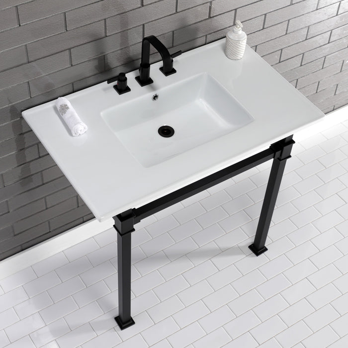 Monarch KVPB37228Q0 37-Inch Ceramic Console Sink with Stainless Steel Legs (8-Inch, 3-Hole), White/Matte Black