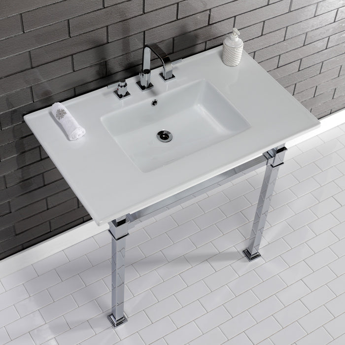 Monarch KVPB37228Q1 37-Inch Ceramic Console Sink with Stainless Steel Legs (8-Inch, 3-Hole), White/Polished Chrome