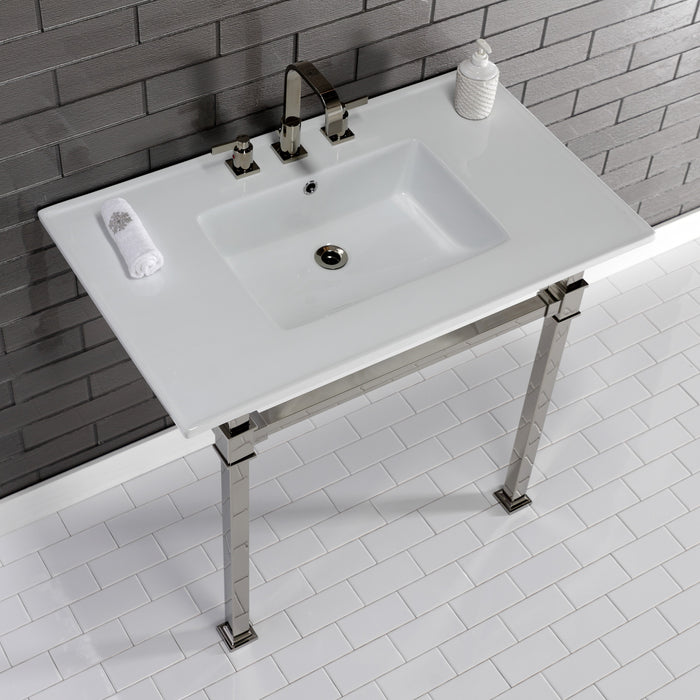 Monarch KVPB37228Q6 37-Inch Ceramic Console Sink with Stainless Steel Legs (8-Inch, 3-Hole), White/Polished Nickel
