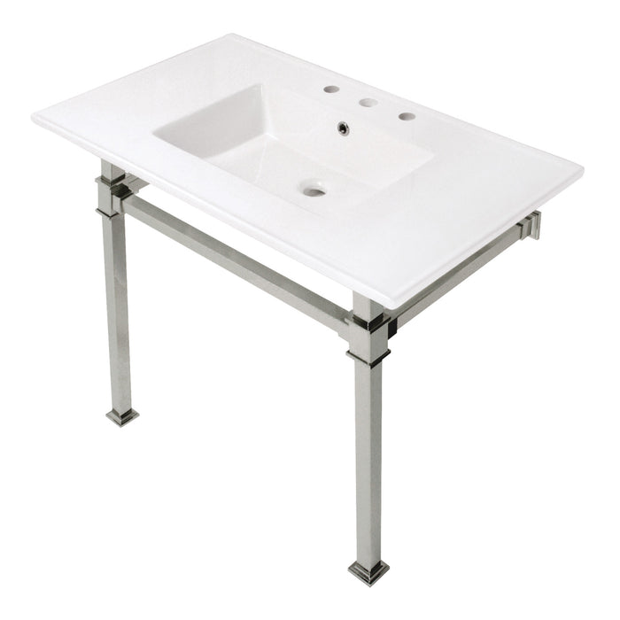 Monarch KVPB37228Q6 37-Inch Ceramic Console Sink with Stainless Steel Legs (8-Inch, 3-Hole), White/Polished Nickel