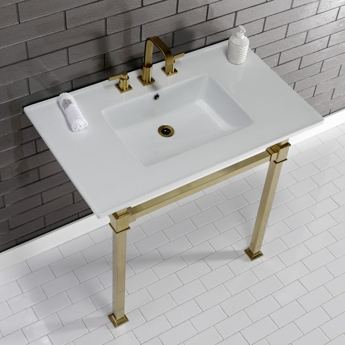 Fauceture KVPB37228Q7 37-Inch Ceramic Console Sink Set, White/Brushed Brass