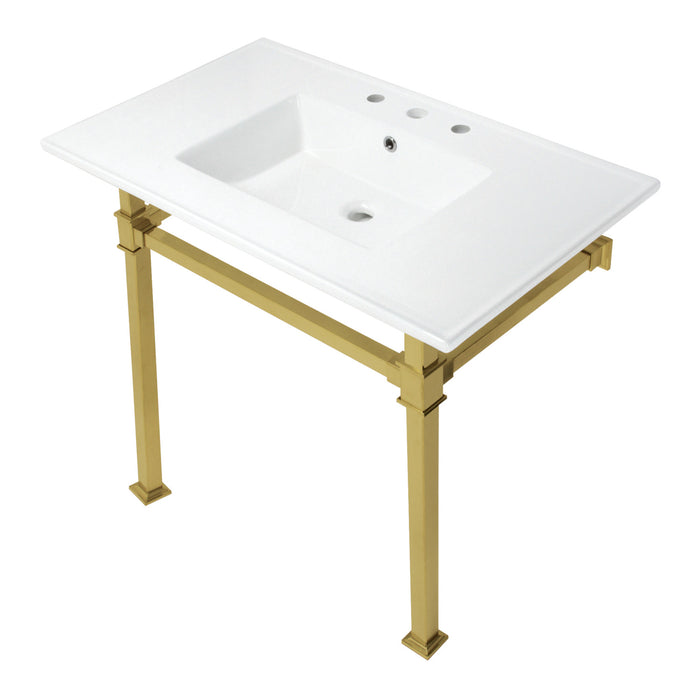 Monarch KVPB37228Q7 37-Inch Ceramic Console Sink with Stainless Steel Legs (8-Inch, 3-Hole), White/Brushed Brass