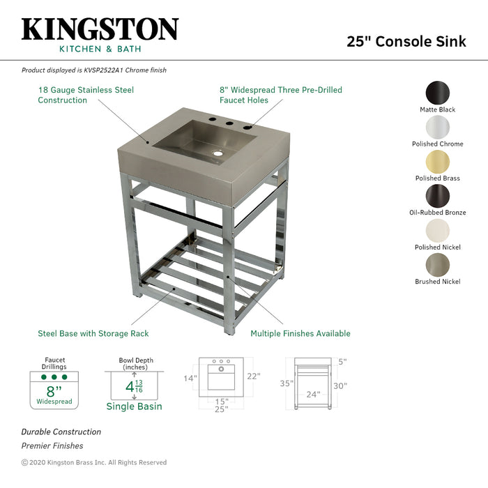 Kingston Commercial KVSP2522A6 25-Inch Stainless Steel Console Sink with Steel Base (8-Inch, 3-Hole), Brushed/Polished Nickel