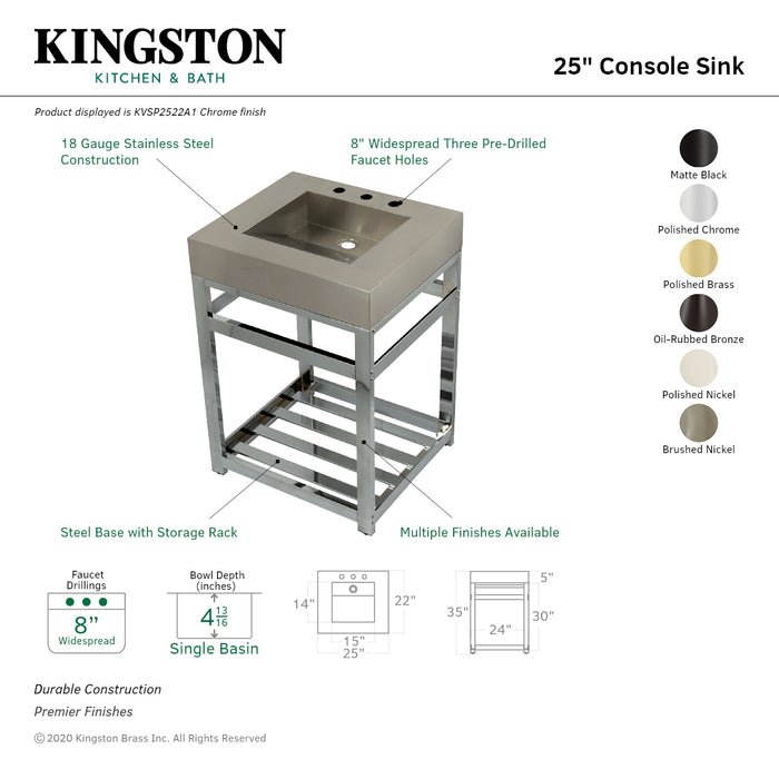 Kingston Commercial KVSP2522A8 Stainless Steel Console Sink, Brushed/Brushed Nickel