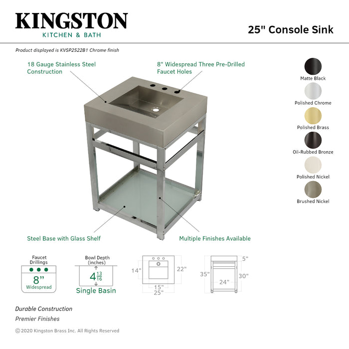Kingston Commercial KVSP2522B0 Stainless Steel Console Sink with Glass Shelf, Brushed/Matte Black