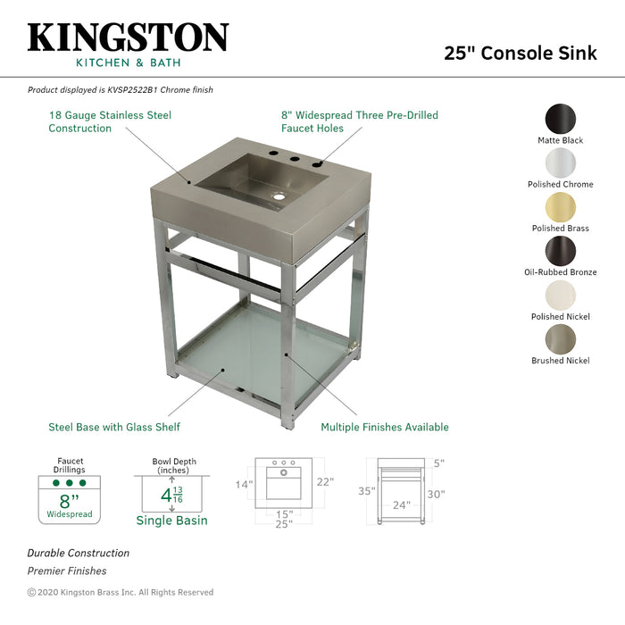 Kingston Kingston Commercial KVSP2522B5 25-Inch Stainless Steel Console Sink with Steel Base and Glass Shelf (8-Inch, 3-Hole), Brushed/Oil Rubbed Bronze