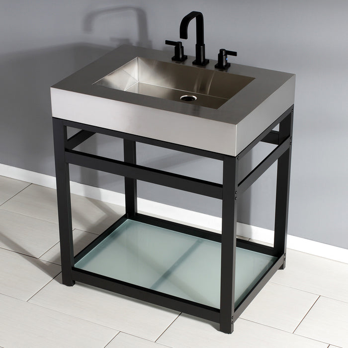Kingston Commercial KVSP3122B0 31-Inch Stainless Steel Console Sink with Steel Base and Glass Shelf (8-Inch, 3-Hole), Brushed/Matte Black