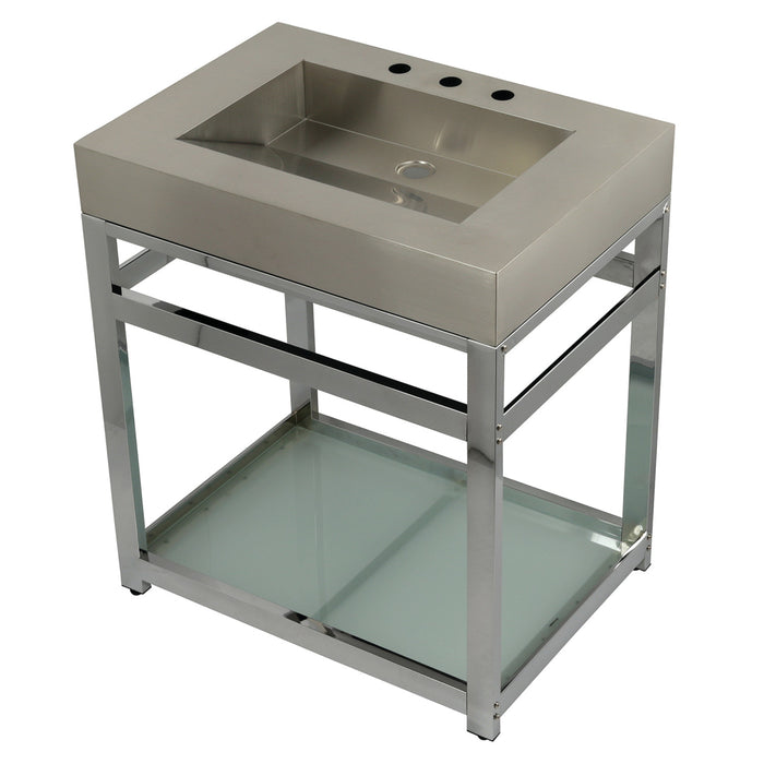 Kingston Commercial KVSP3122B1 31-Inch Stainless Steel Console Sink with Steel Base and Glass Shelf (8-Inch, 3-Hole), Brushed/Polished Chrome