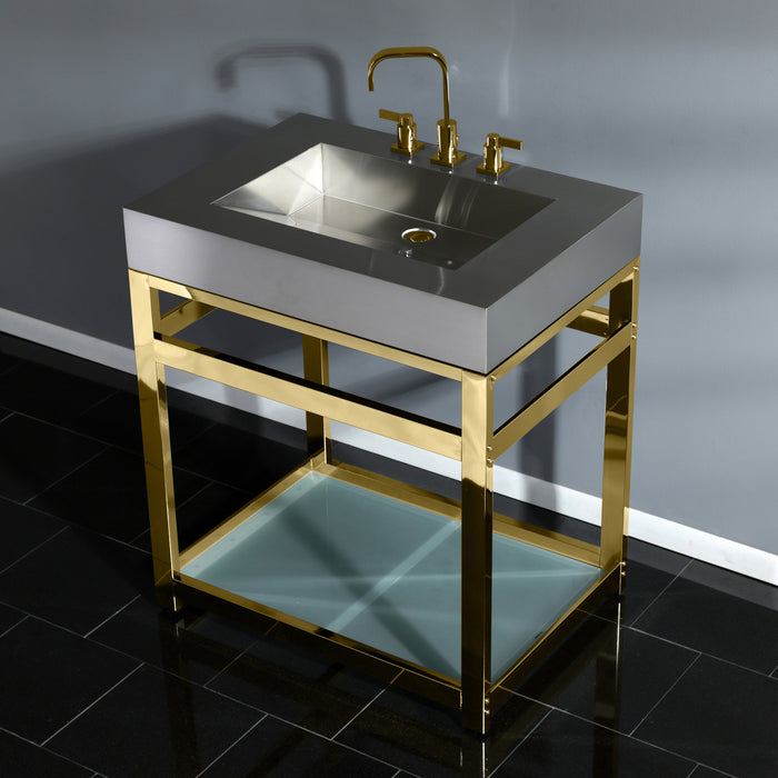 Kingston Kingston Commercial KVSP3122B2 31-Inch Stainless Steel Console Sink with Steel Base and Glass Shelf (8-Inch, 3-Hole), Brushed/Polished Brass