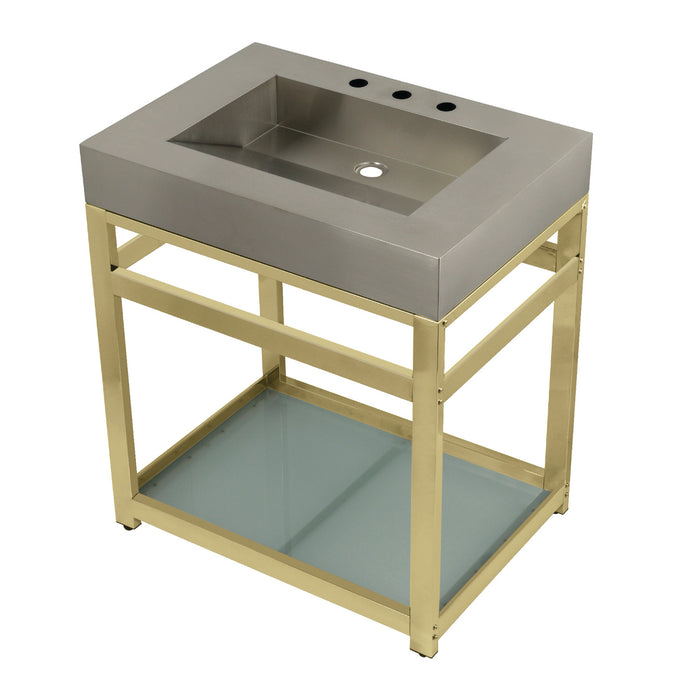Kingston Kingston Commercial KVSP3122B2 31-Inch Stainless Steel Console Sink with Steel Base and Glass Shelf (8-Inch, 3-Hole), Brushed/Polished Brass