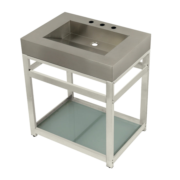 Kingston Kingston Commercial KVSP3122B6 31-Inch Stainless Steel Console Sink with Steel Base and Glass Shelf (8-Inch, 3-Hole), Brushed/Polished Nickel