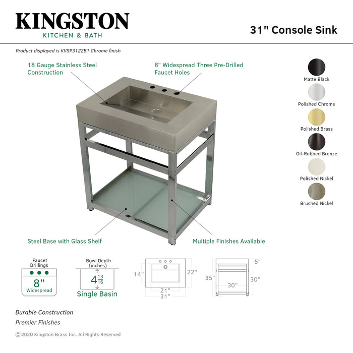 Kingston Commercial KVSP3122B8 31-Inch Stainless Steel Console Sink with Steel Base and Glass Shelf (8-Inch, 3-Hole), Brushed/Brushed Nickel