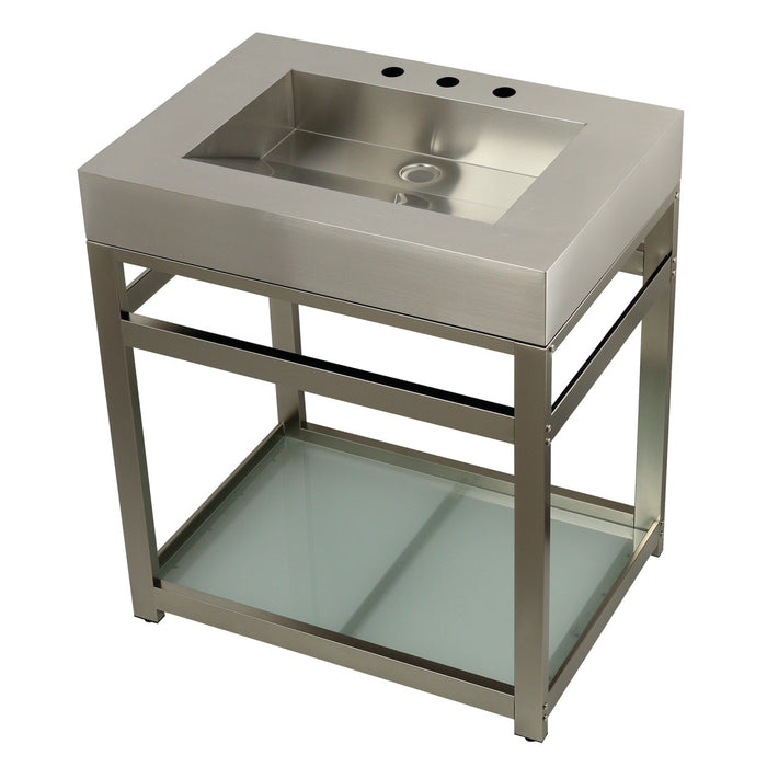Kingston Commercial KVSP3122B8 31-Inch Stainless Steel Console Sink with Steel Base and Glass Shelf (8-Inch, 3-Hole), Brushed/Brushed Nickel