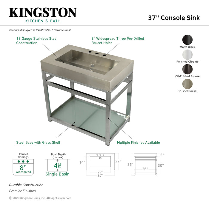 Kingston Commercial KVSP3722B8 Stainless Steel Console Sink with Glass Shelf, Brushed/Brushed Nickel