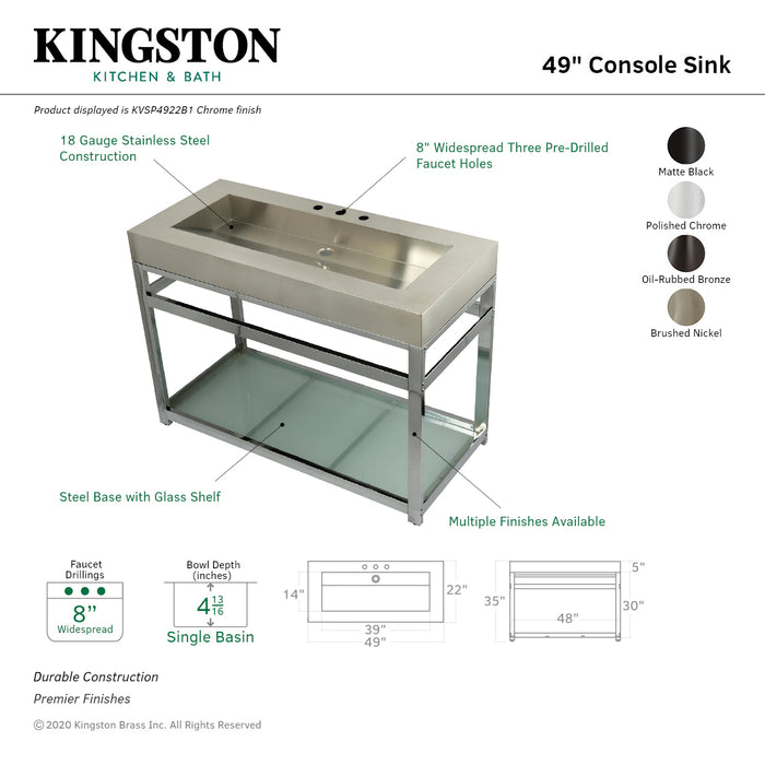 Kingston Commercial KVSP4922B1 Stainless Steel Console Sink with Glass Shelf, Brushed/Polished Chrome