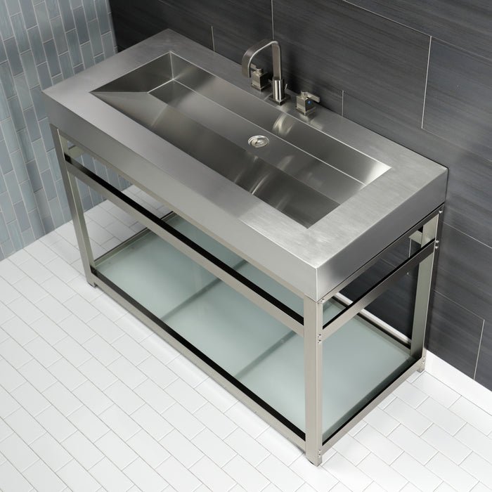 Kingston Kingston Commercial KVSP4922B8 49-Inch Stainless Steel Console Sink with Steel Base and Glass Shelf (8-Inch, 3-Hole), Brushed/Brushed Nickel