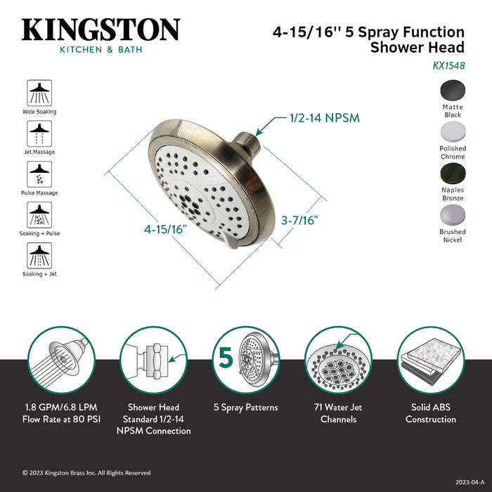 Vilbosch KX1548 5-Function 5-Inch Plastic Shower Head, Brushed Nickel