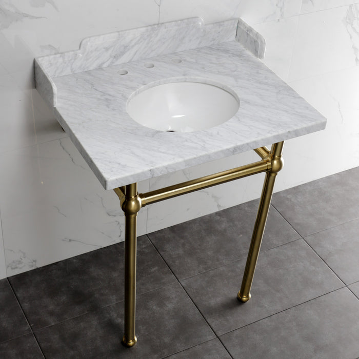 Pemberton LMS30MB7 30-Inch Carrara Marble Console Sink with Brass Legs (8-Inch, 3-Hole), Carrara Marble White/Brushed Brass