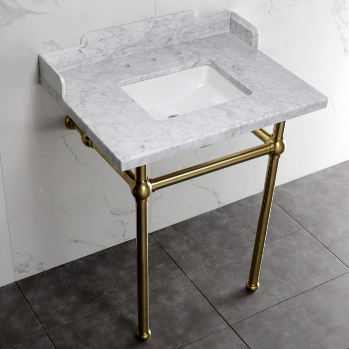 Kingston Heirloom LMS30MBSQ7 - Pemberton 30-Inch Carrara Marble Console Sink with Brass Legs (8-Inch, 3-Hole), Carrara Marble White/Brushed Brass