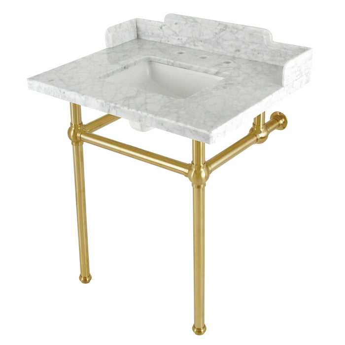 Kingston Heirloom LMS30MBSQ7 - Pemberton 30-Inch Carrara Marble Console Sink with Brass Legs (8-Inch, 3-Hole), Carrara Marble White/Brushed Brass