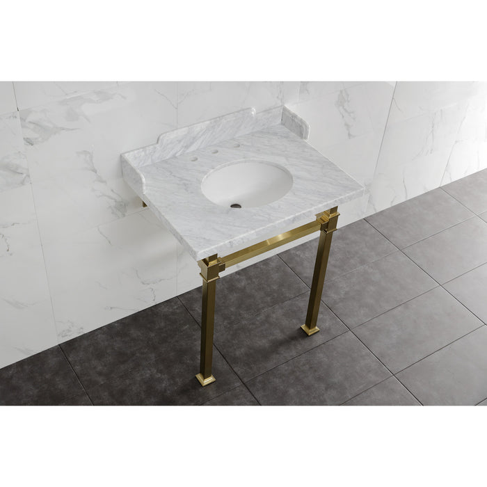 Kingston Sona LMS30MOQ7 - Viceroy 30-Inch Carrara Marble Console Sink with Stainless Steel Legs (8-Inch, 3-Hole), Carrara Marble White/Brushed Brass