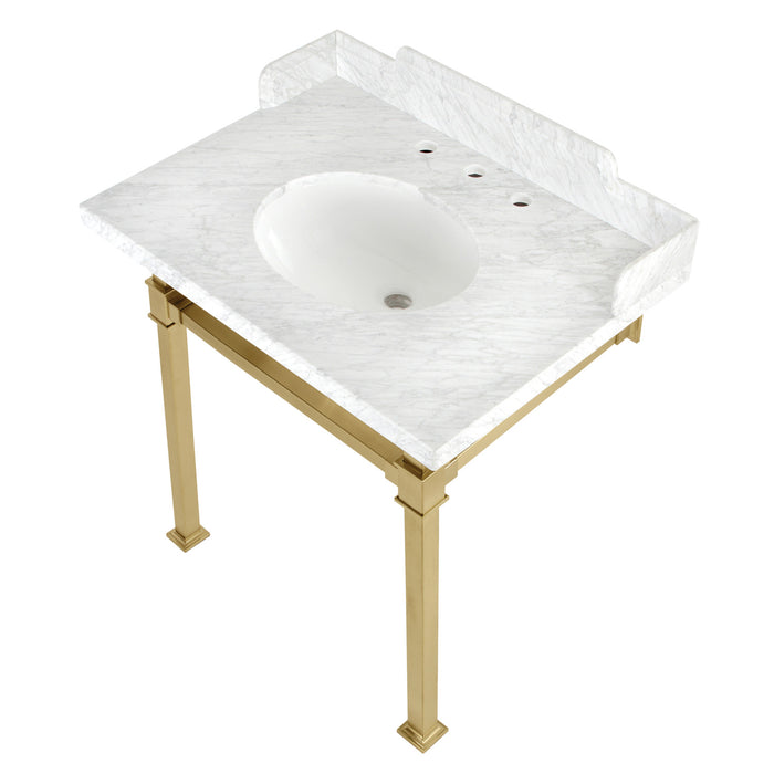 Kingston Sona LMS30MOQ7 - Viceroy 30-Inch Carrara Marble Console Sink with Stainless Steel Legs (8-Inch, 3-Hole), Carrara Marble White/Brushed Brass