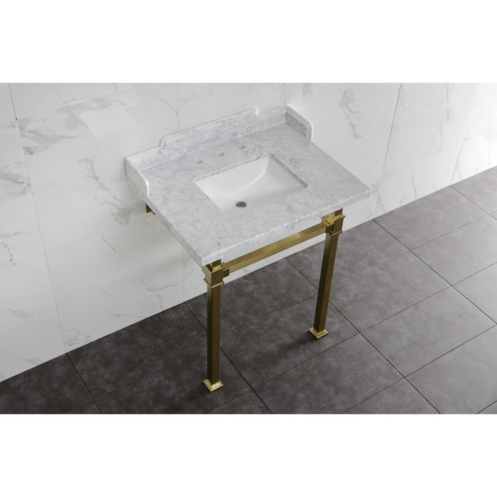 Kingston Sona LMS30MSQ7 - Viceroy 30-Inch Carrara Marble Console Sink with Stainless Steel Legs (8-Inch, 3-Hole), Carrara Marble White/Brushed Brass