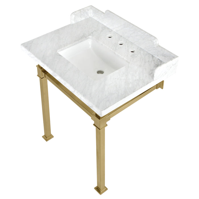 Kingston Sona LMS30MSQ7 - Viceroy 30-Inch Carrara Marble Console Sink with Stainless Steel Legs (8-Inch, 3-Hole), Carrara Marble White/Brushed Brass