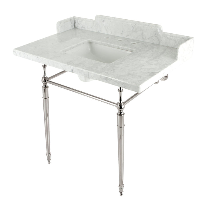 Fauceture LMS3622M8SQ6 36-Inch Carrara Marble Console Sink with Brass Legs, Marble White/Polished Nickel