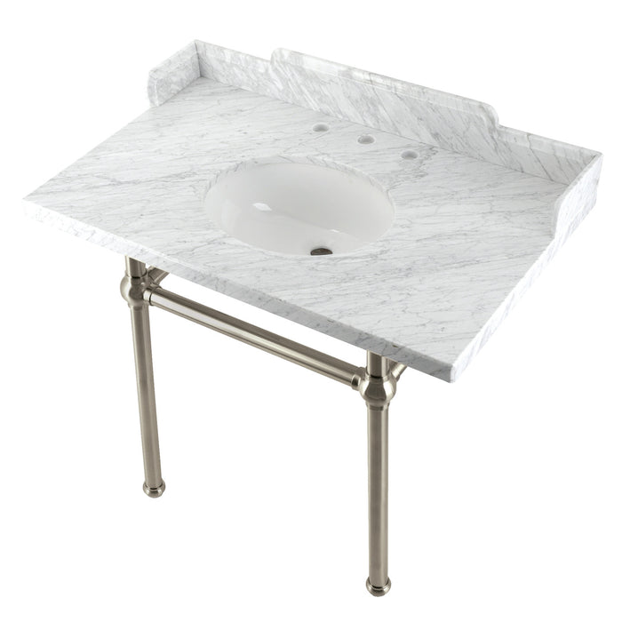 Fauceture LMS3630MB8 36-Inch Carrara Marble Console Sink with Brass Legs, Marble White/Brushed Nickel