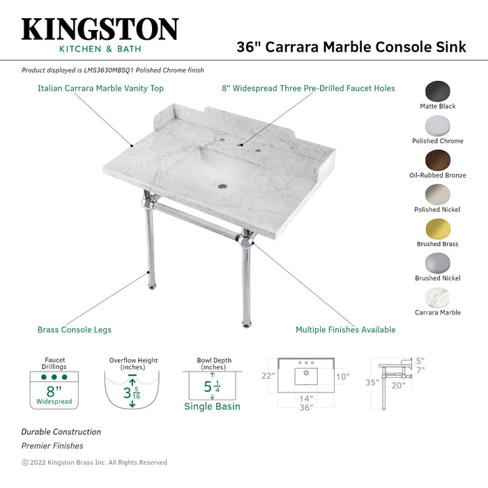 Kingston Heirloom LMS3630MBSQ6 - Pemberton 36-Inch Carrara Marble Console Sink with Brass Legs (8-Inch, 3-Hole), Carrara Marble White/Polished Nickel