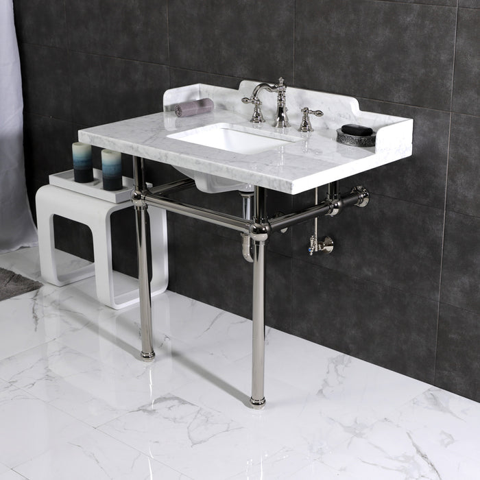 Fauceture LMS3630MBSQ6 36-Inch Carrara Marble Console Sink with Brass Legs, Marble White/Polished Nickel