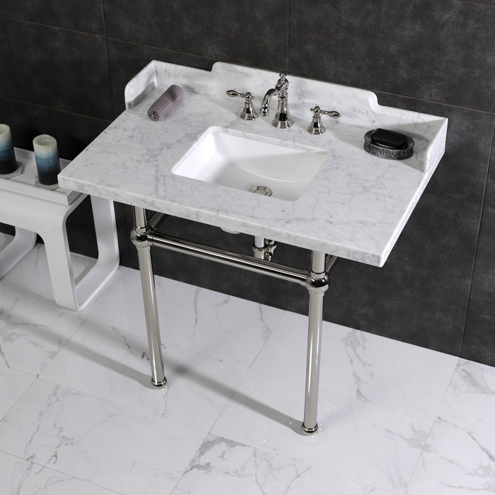 Kingston Heirloom LMS3630MBSQ6 - Pemberton 36-Inch Carrara Marble Console Sink with Brass Legs (8-Inch, 3-Hole), Carrara Marble White/Polished Nickel