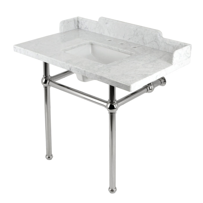 Kingston Heirloom LMS3630MBSQ6 - Pemberton 36-Inch Carrara Marble Console Sink with Brass Legs (8-Inch, 3-Hole), Carrara Marble White/Polished Nickel