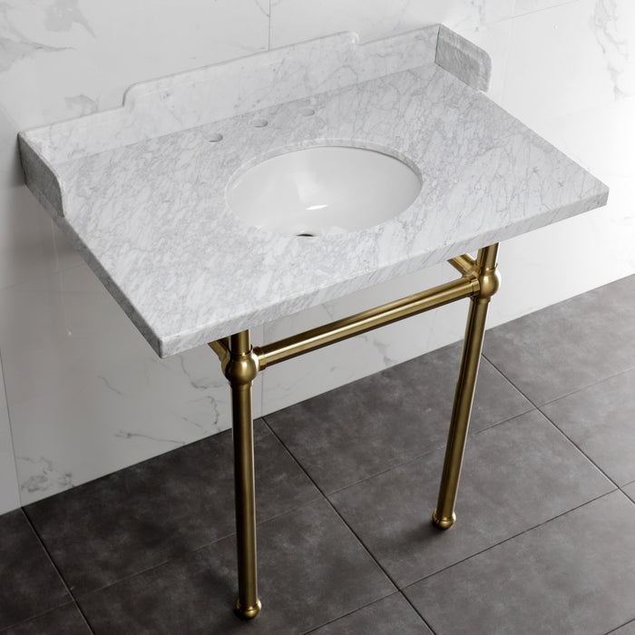 Kingston Heirloom LMS36MB7 - Pemberton 36-Inch Carrara Marble Console Sink with Brass Legs (8-Inch, 3-Hole), Carrara Marble White/Brushed Brass