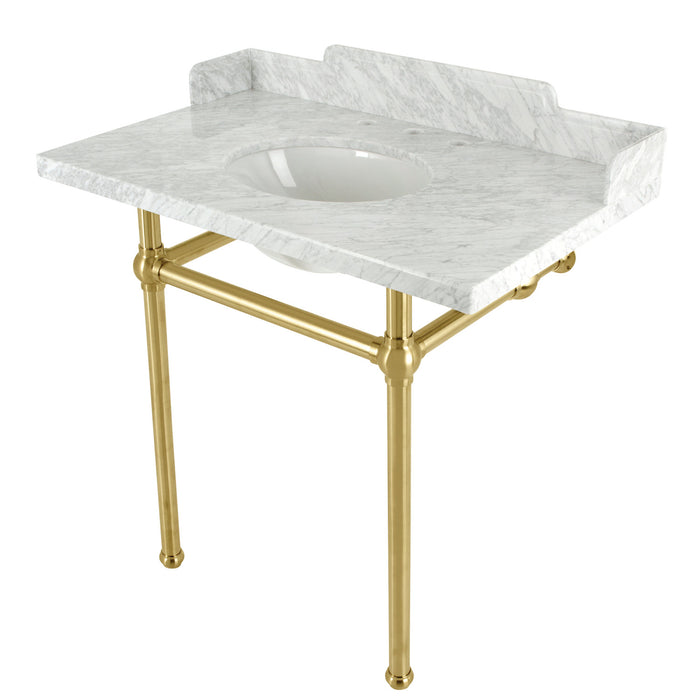 Kingston Heirloom LMS36MB7 - Pemberton 36-Inch Carrara Marble Console Sink with Brass Legs (8-Inch, 3-Hole), Carrara Marble White/Brushed Brass