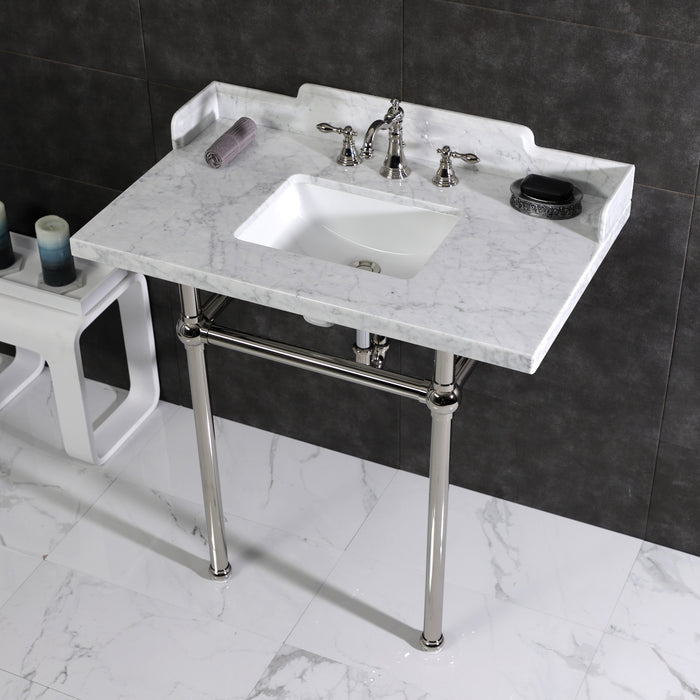 Kingston Heirloom LMS36MBSQ6 - Pemberton 36-Inch Carrara Marble Console Sink with Brass Legs (8-Inch, 3-Hole), Carrara Marble White/Polished Nickel