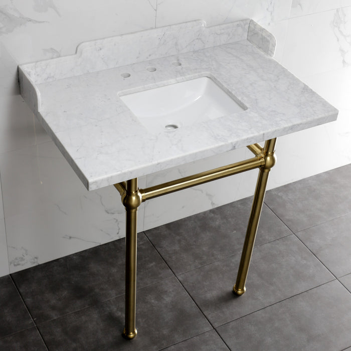 Kingston Heirloom LMS36MBSQ7 - Pemberton 36-Inch Carrara Marble Console Sink with Brass Legs (8-Inch, 3-Hole), Carrara Marble White/Brushed Brass
