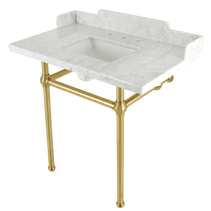 Kingston Heirloom LMS36MBSQ7 - Pemberton 36-Inch Carrara Marble Console Sink with Brass Legs (8-Inch, 3-Hole), Carrara Marble White/Brushed Brass