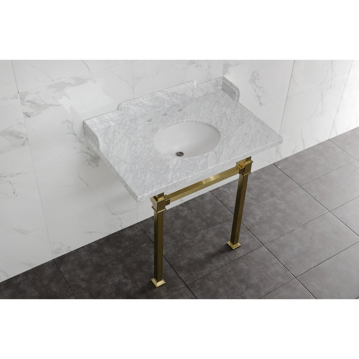 Kingston Sona LMS36MOQ7 - Viceroy 36-Inch Carrara Marble Console Sink with Stainless Steel Legs (8-Inch, 3-Hole), Carrara Marble White/Brushed Brass