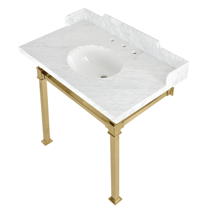 Kingston Sona LMS36MOQ7 - Viceroy 36-Inch Carrara Marble Console Sink with Stainless Steel Legs (8-Inch, 3-Hole), Carrara Marble White/Brushed Brass