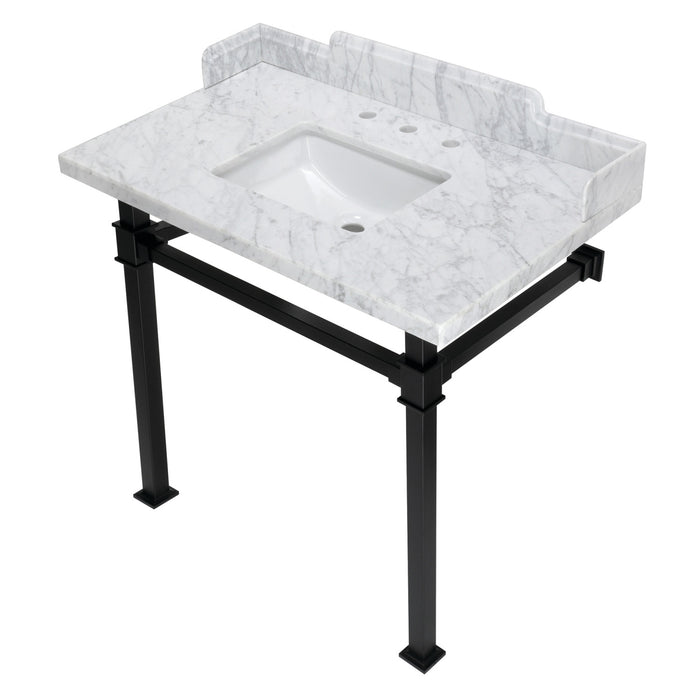 Kingston Sona LMS36MSQ0 - Viceroy 36-Inch Carrara Marble Console Sink with Stainless Steel Legs (8-Inch, 3-Hole), Carrara Marble White/Matte Black